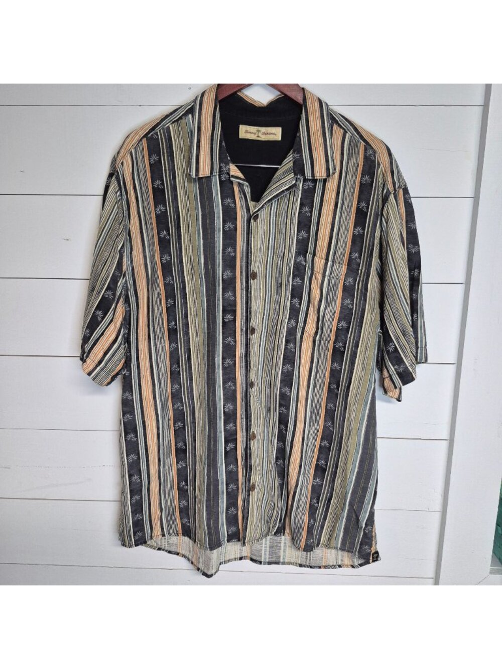 Tommy Bahama Black, Beige and Olive Vertical Stripe Camp Shirt